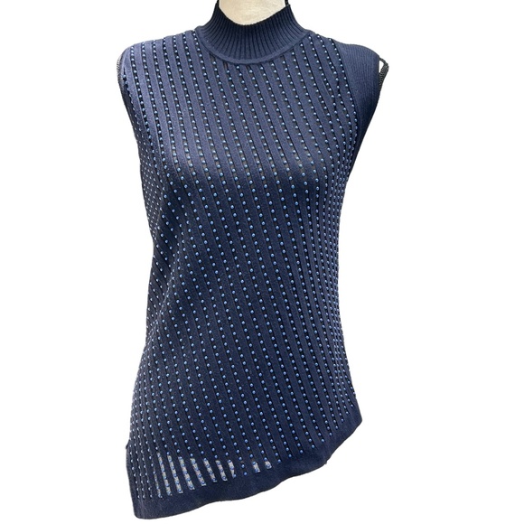 ROBERTO CAVALLI NAVY KNIT MOCK TURTLENECK TUNIC W DIAGONAL ROWS OF BLUE BEADS - Picture 1 of 15